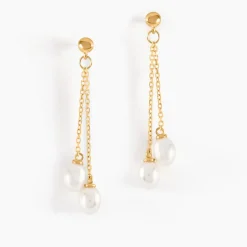 Boucles D'oreilles Pendantes Carrine 2 Fils Or Jaune Perle De Culture
