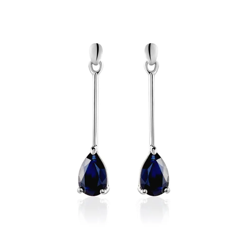 Boucles D'oreilles Pendantes Or Blanc Goutte Saphir