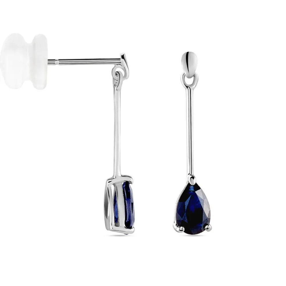 Boucles D'oreilles Pendantes Or Blanc Goutte Saphir