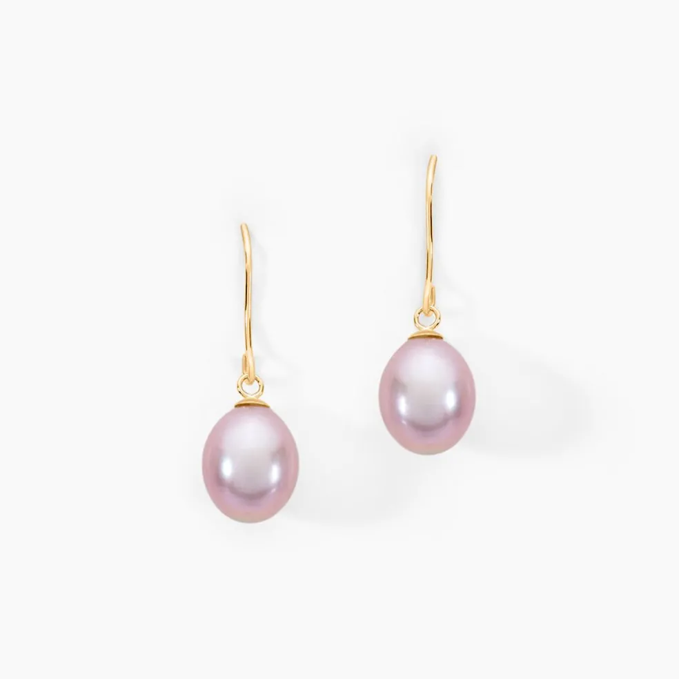 Boucles D'oreilles Pendantes Rose Or Jaune Perle De Culture
