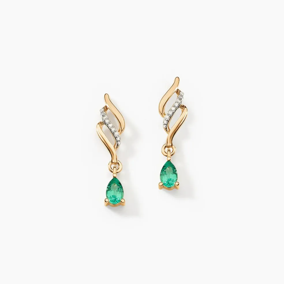 Boucles D'oreilles Pendantes Or Jaune Patrocle Emeraude Et Diamants