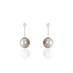 Boucles D'oreilles Pendantes Semi-ronde Or Blanc Perle De Tahiti