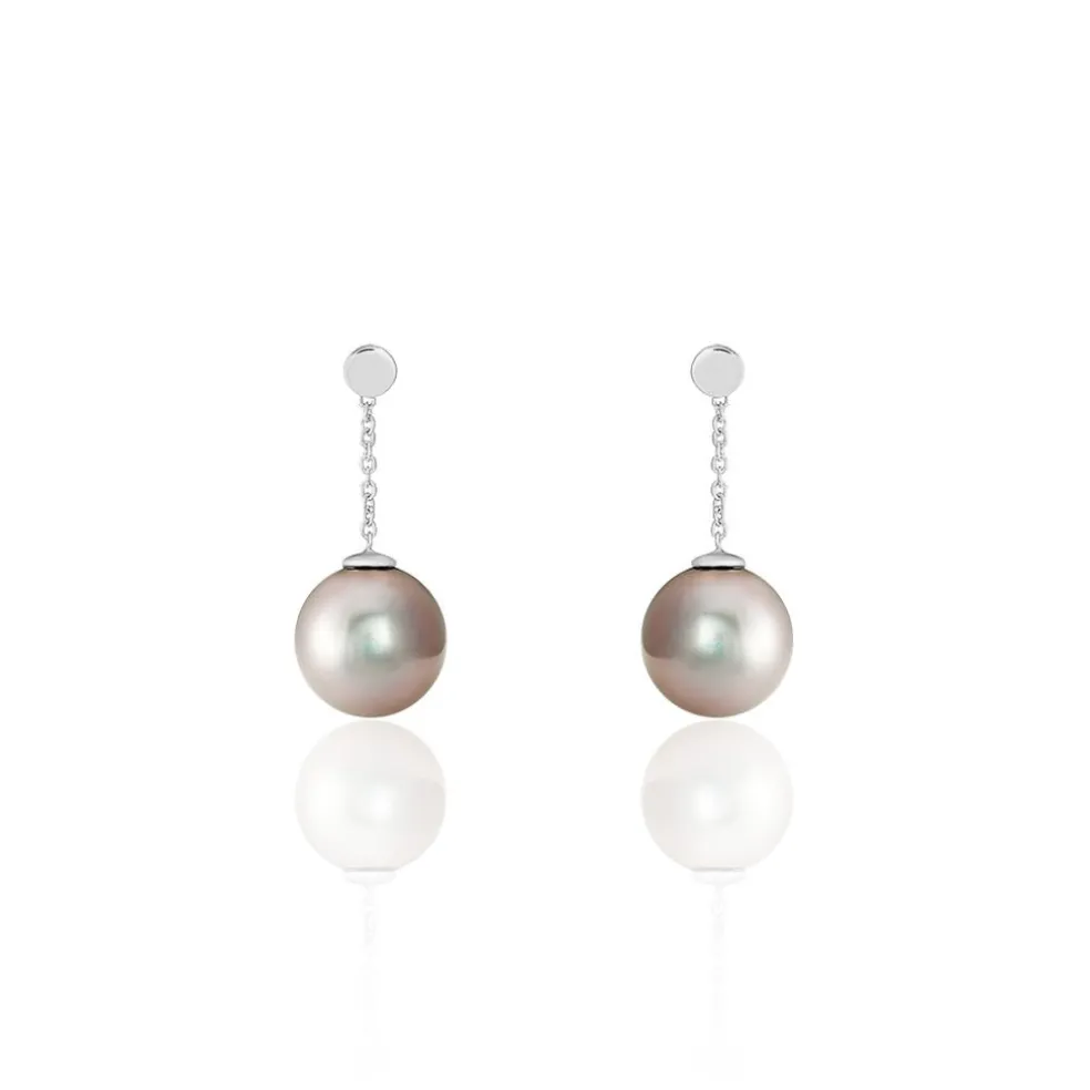Boucles D'oreilles Pendantes Semi-ronde Or Blanc Perle De Tahiti