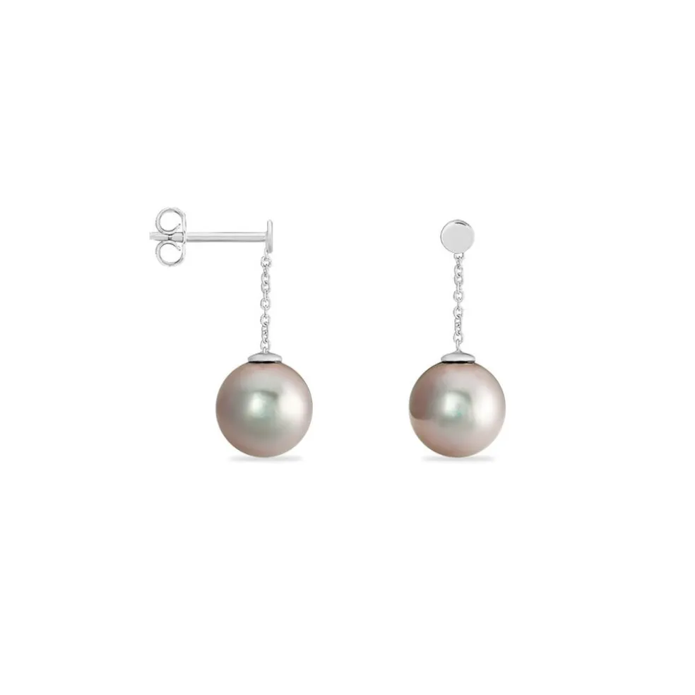Boucles D'oreilles Pendantes Semi-ronde Or Blanc Perle De Tahiti