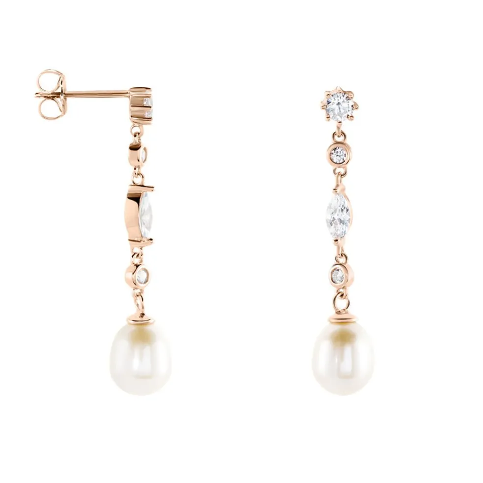 Boucles D'oreilles Pendantes Lynes Argent Rose Perle De Culture
