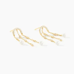Boucles D'Oreilles Pendantes Nacrée Or Jaune Perle De Culture Oxyde De Zirconium