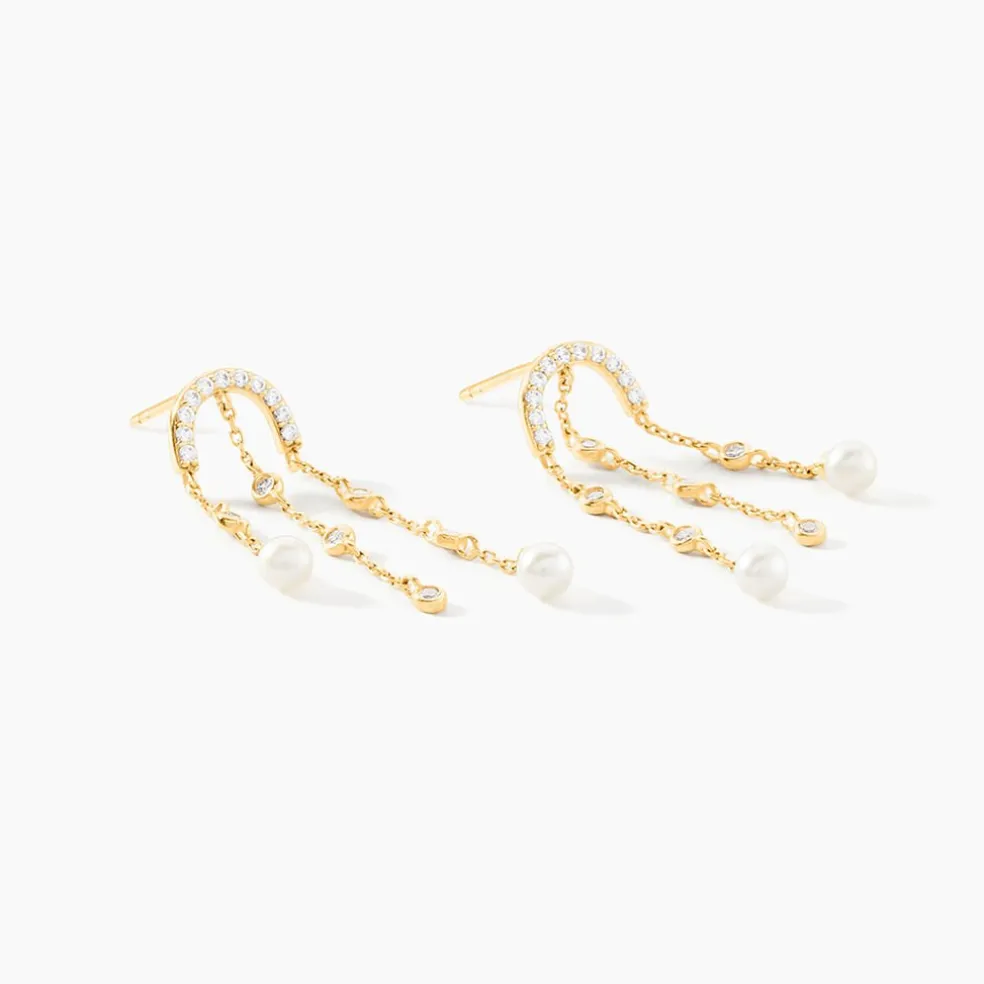 Boucles D'Oreilles Pendantes Nacrée Or Jaune Perle De Culture Oxyde De Zirconium