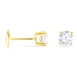 Boucles D'oreilles Puces 4 Griffes Or Jaune Diamant Synthetique