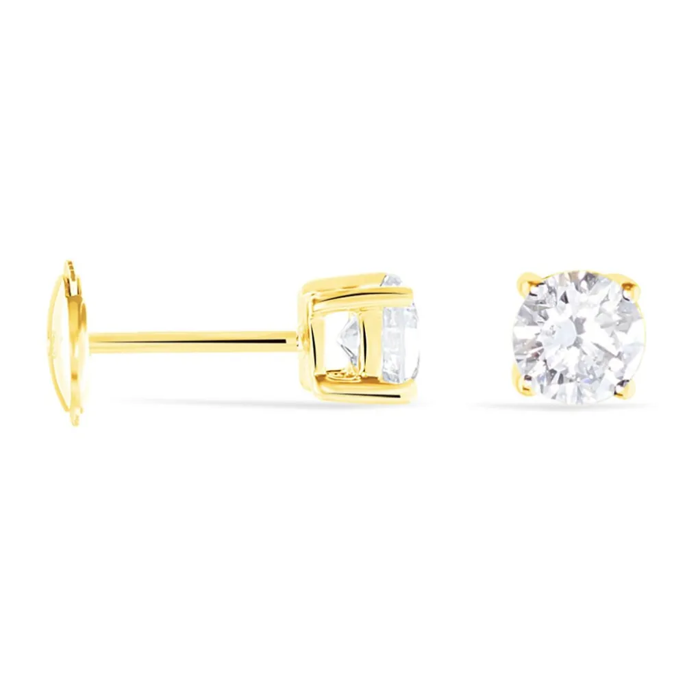 Boucles D'oreilles Puces 4 Griffes Or Jaune Diamant Synthetique