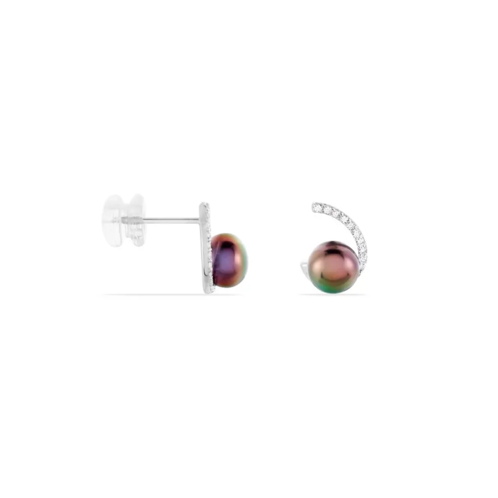 Boucles D'oreilles Puces Anais Or Blanc Perle De Culture Et Oxyde