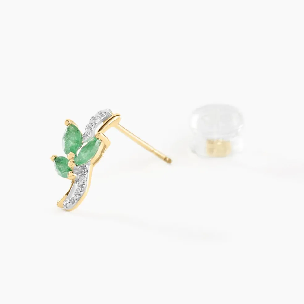 Boucles D'oreilles Puces Angie Or Jaune Emeraude Diamant