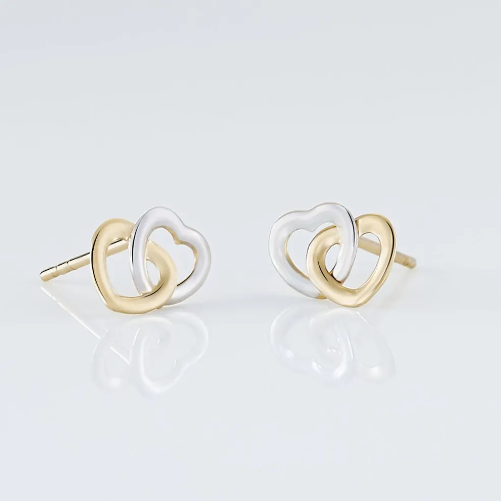 Boucles D'oreilles Puces Anne-maudae Double Coeurs Or Bicolore