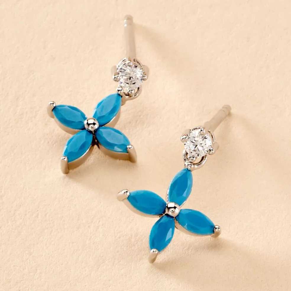 Boucles D'oreilles Puces Bluebirds Argent Blanc Turquoise Oxyde