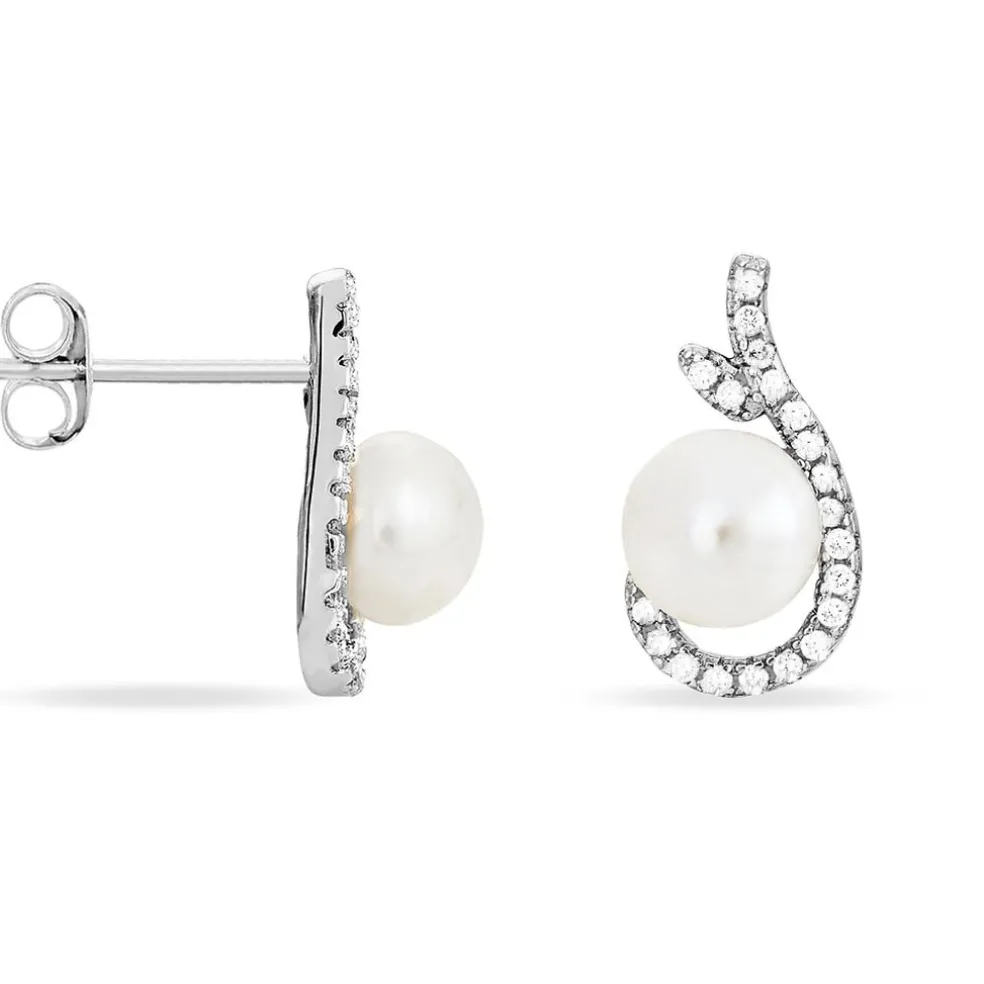 Boucles D'oreilles Puces Cyrana Argent Blanc Perle De Culture Et Oxyde