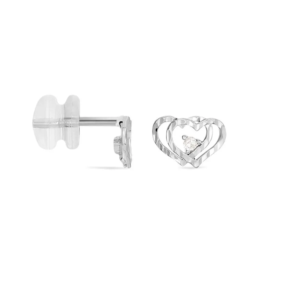 Boucles D'oreilles Puces Daria Double Coeurs Or Blanc Oxyde
