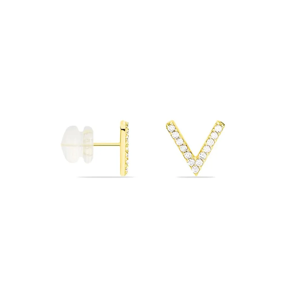 Boucles D'oreilles Puces Enimia Motif V Or Jaune Oxyde De Zirconium