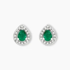 Boucles D'oreilles Puces Elheme Or Blanc Emeraude Et Diamant