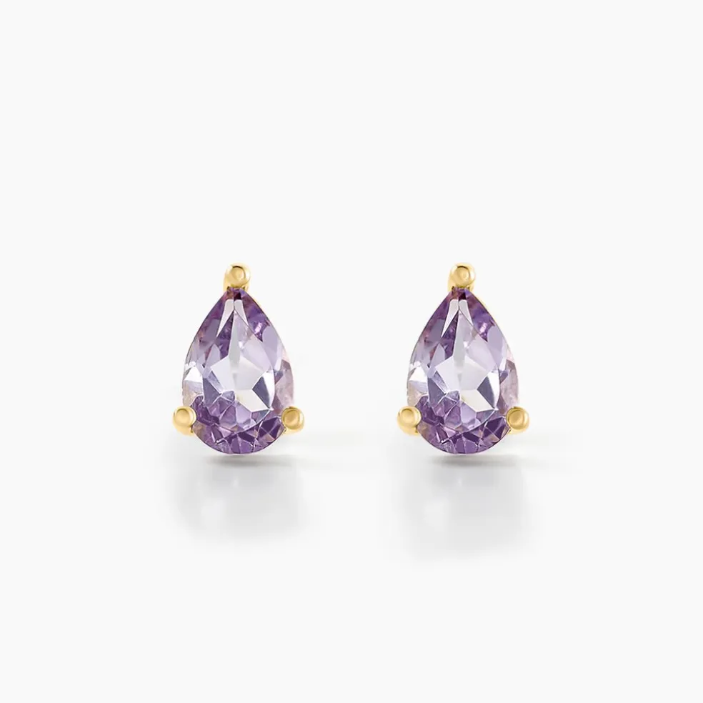 Boucles D'oreilles Puces Goutte Or Jaune Améthyste