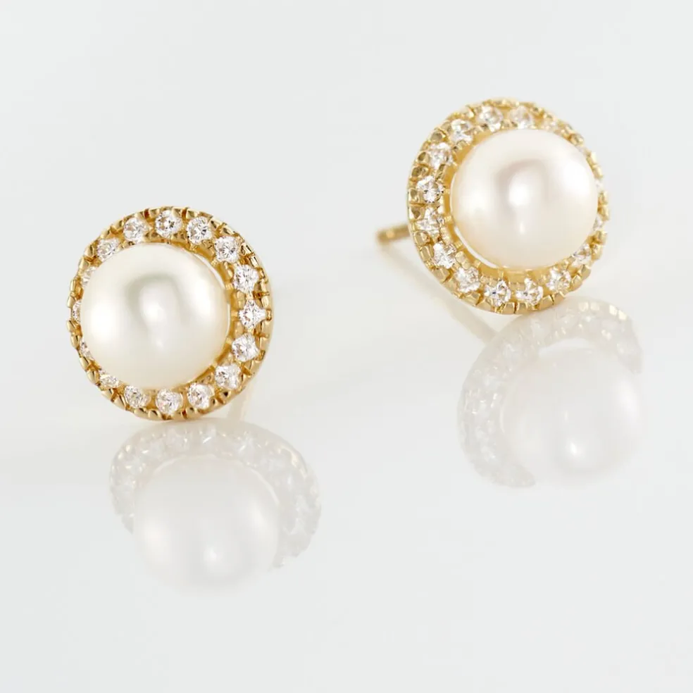 Boucles D'oreilles Puces Grizel Or Jaune Perle De Culture Et Oxyde