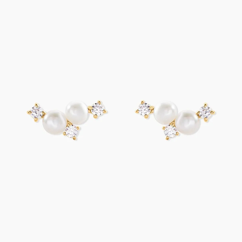 Boucles D'Oreilles Puces Katri Or Jaune Perle De Culture Oxyde De Zirconium