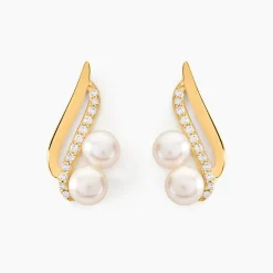 Boucles D'oreilles Puces Loeva Or Jaune Perle De Culture Et Oxyde