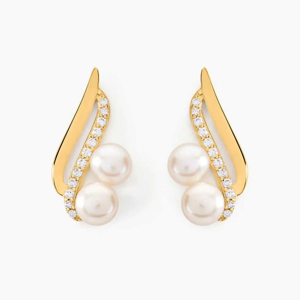 Boucles D'oreilles Puces Loeva Or Jaune Perle De Culture Et Oxyde