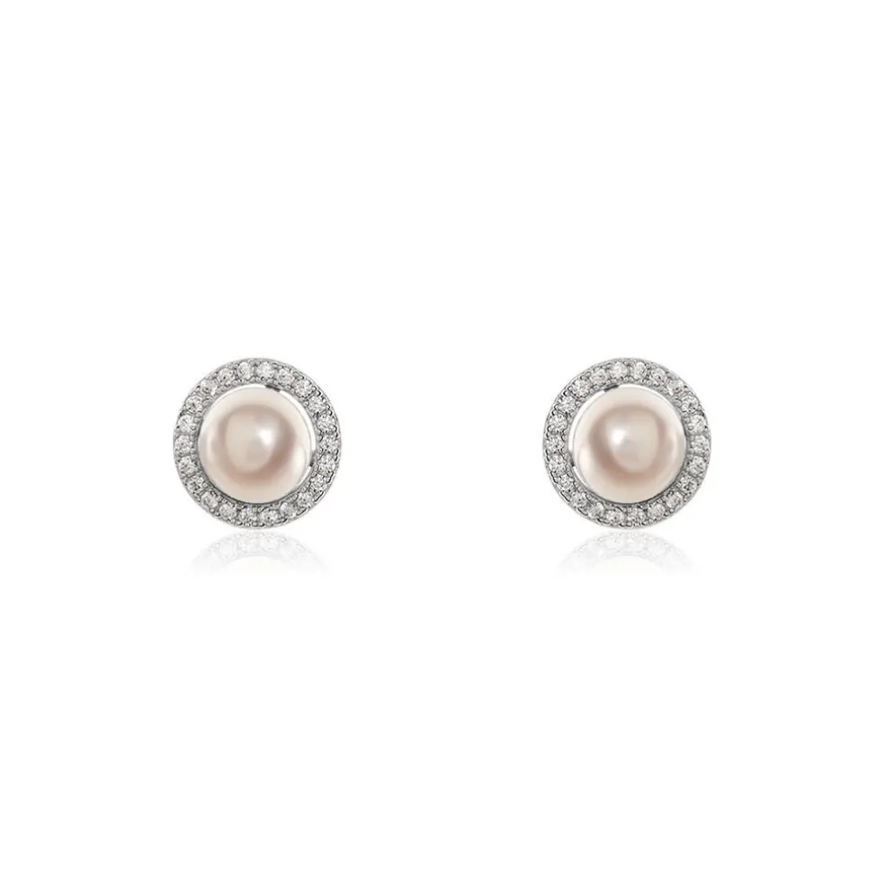 Boucles D'oreilles Puces Mathie Argent Blanc Perle De Culture Et Oxyde