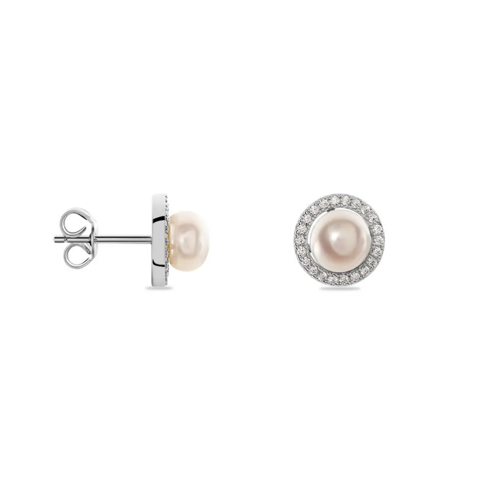 Boucles D'oreilles Puces Mathie Argent Blanc Perle De Culture Et Oxyde