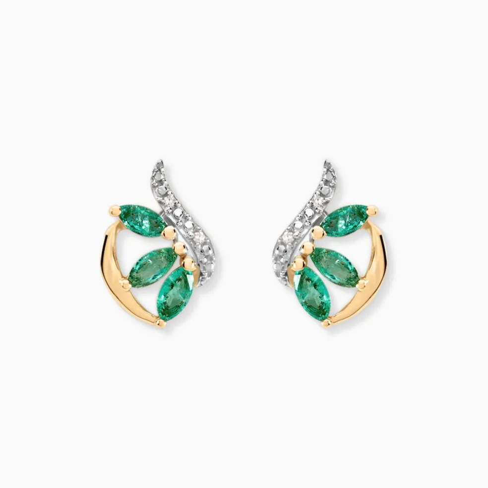 Boucles D'oreilles Puces Or Bicolore Petale Emeraude Diamant