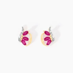 Boucles D'oreilles Puces Petale Or Bicolore Rubis Et Diamant