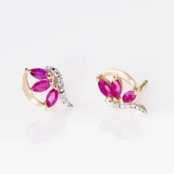 Boucles D'oreilles Puces Petale Or Bicolore Rubis Et Diamant