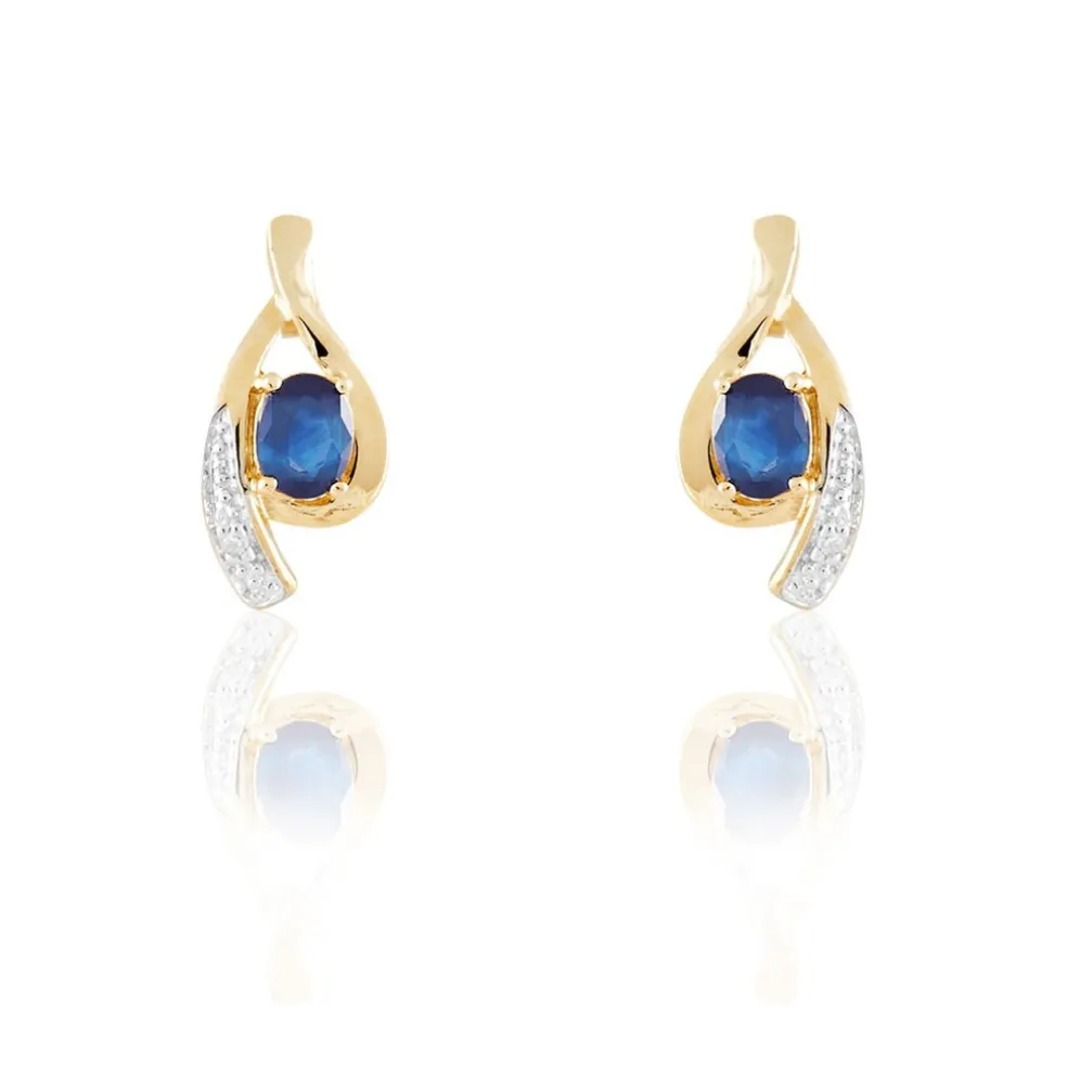 Boucles D'oreilles Puces Sagesse Or Jaune Saphir Et Diamant