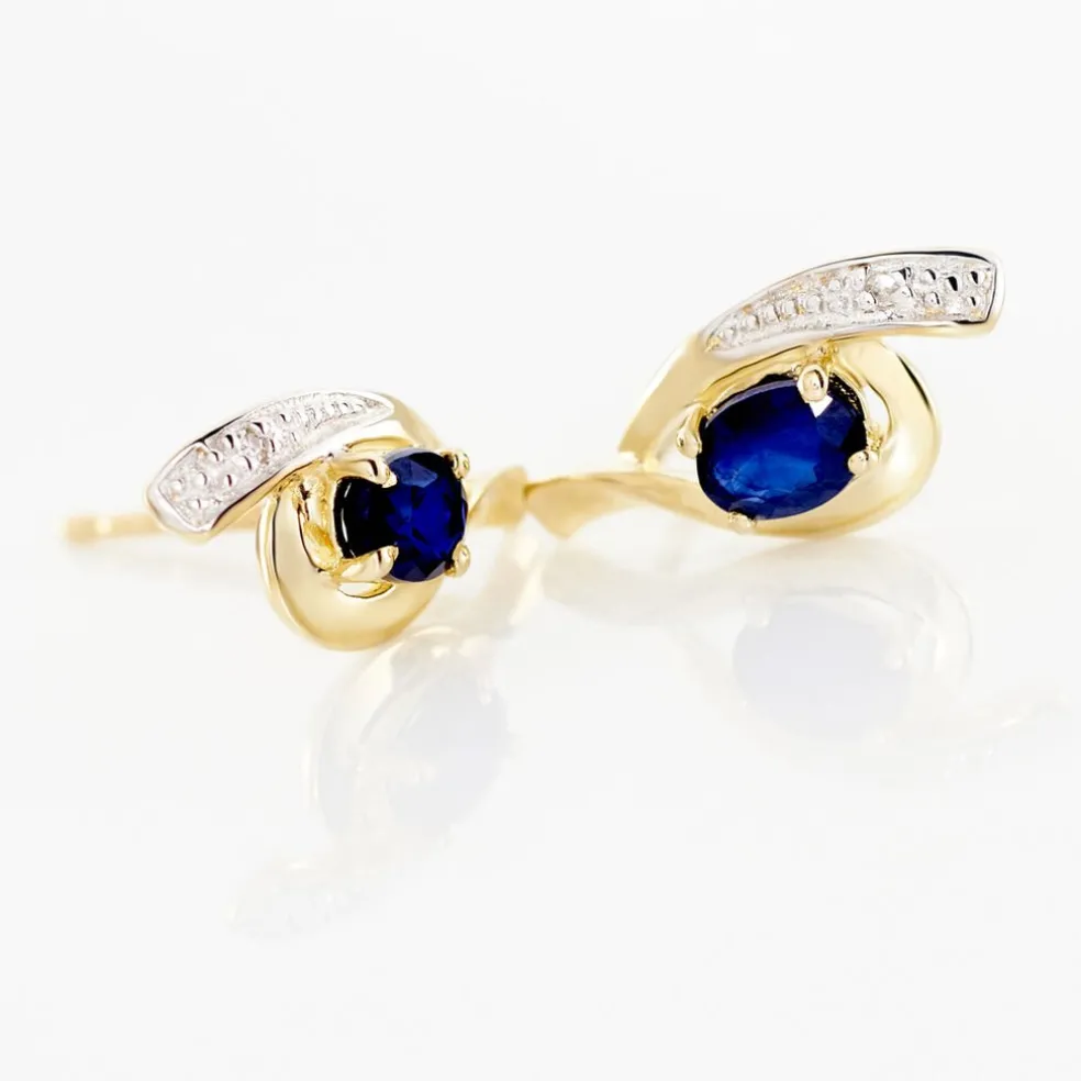 Boucles D'oreilles Puces Sagesse Or Jaune Saphir Et Diamant
