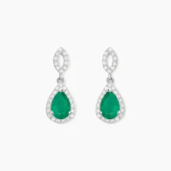 Boucles D'oreilles Puces Sissi Or Blanc Diamant Et Emeraude