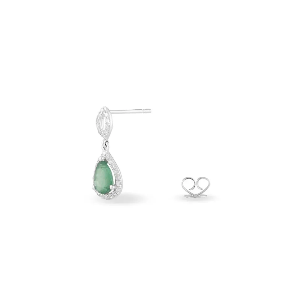 Boucles D'oreilles Puces Sissi Or Blanc Diamant Et Emeraude