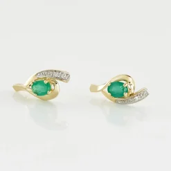 Boucles D'oreilles Puces Sagesse Or Jaune Emeraude Et Diamant