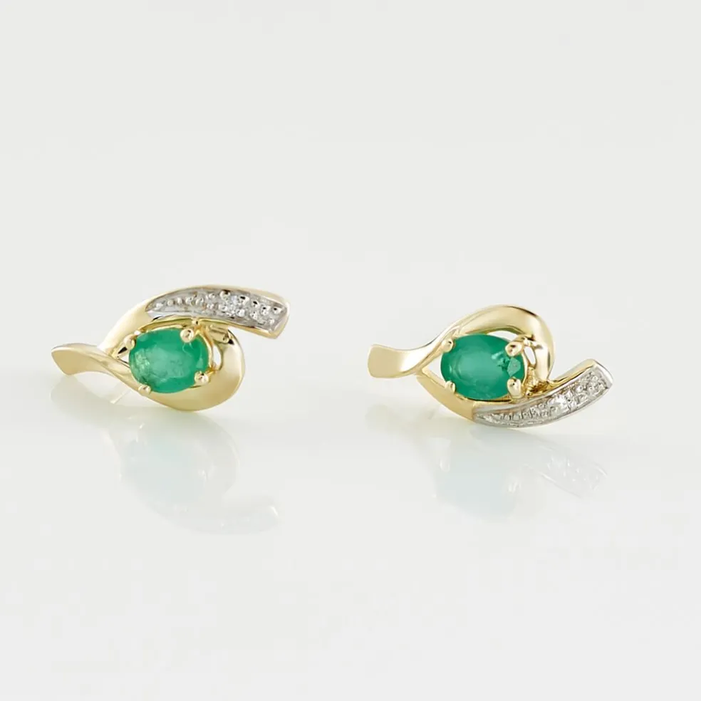 Boucles D'oreilles Puces Sagesse Or Jaune Emeraude Et Diamant