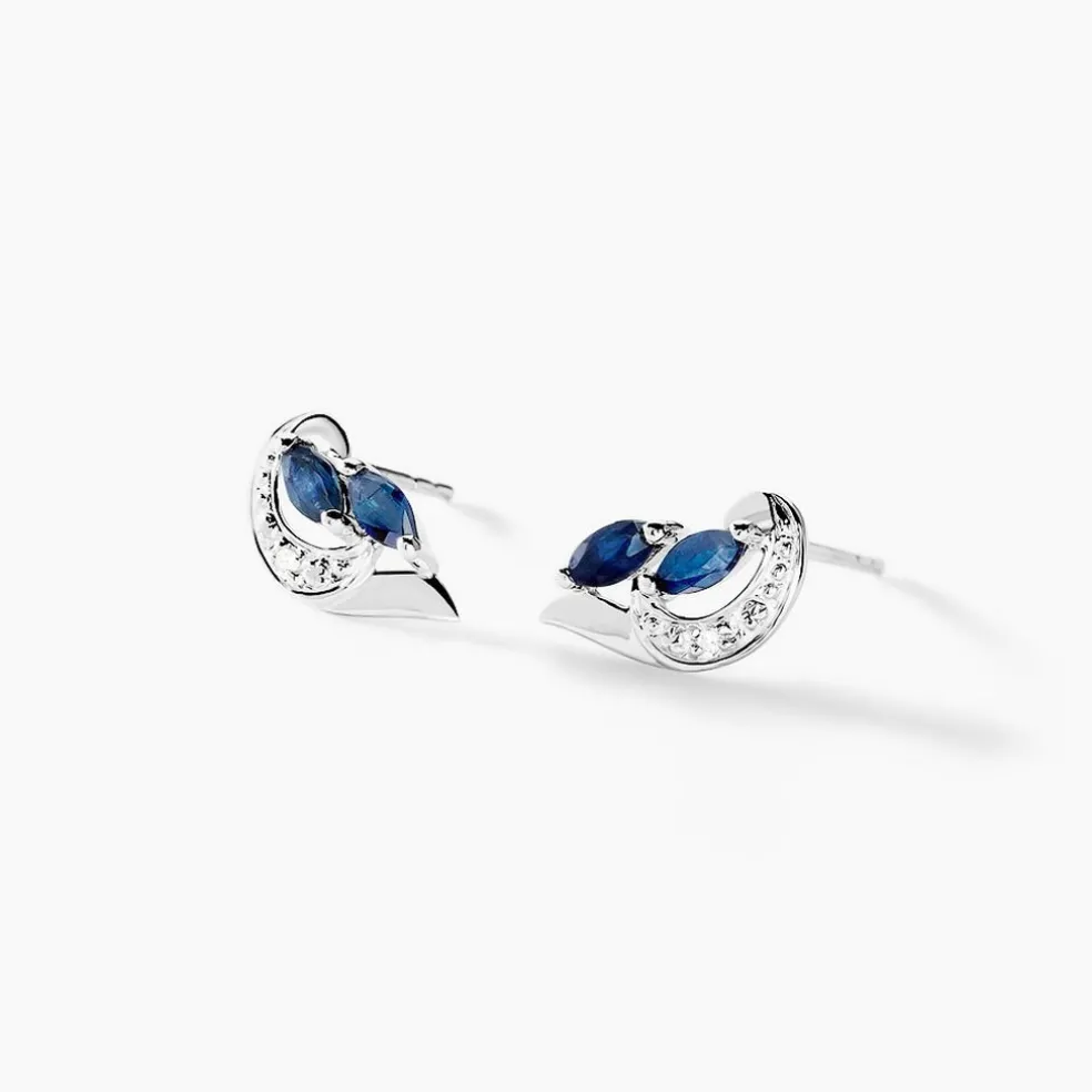 Boucles D'oreilles Puces Sakina Or Blanc Saphir Et Diamant