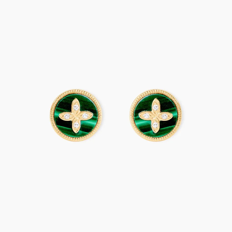 Boucles D'Oreilles Puces Talisman Or Jaune Malachite Diamant