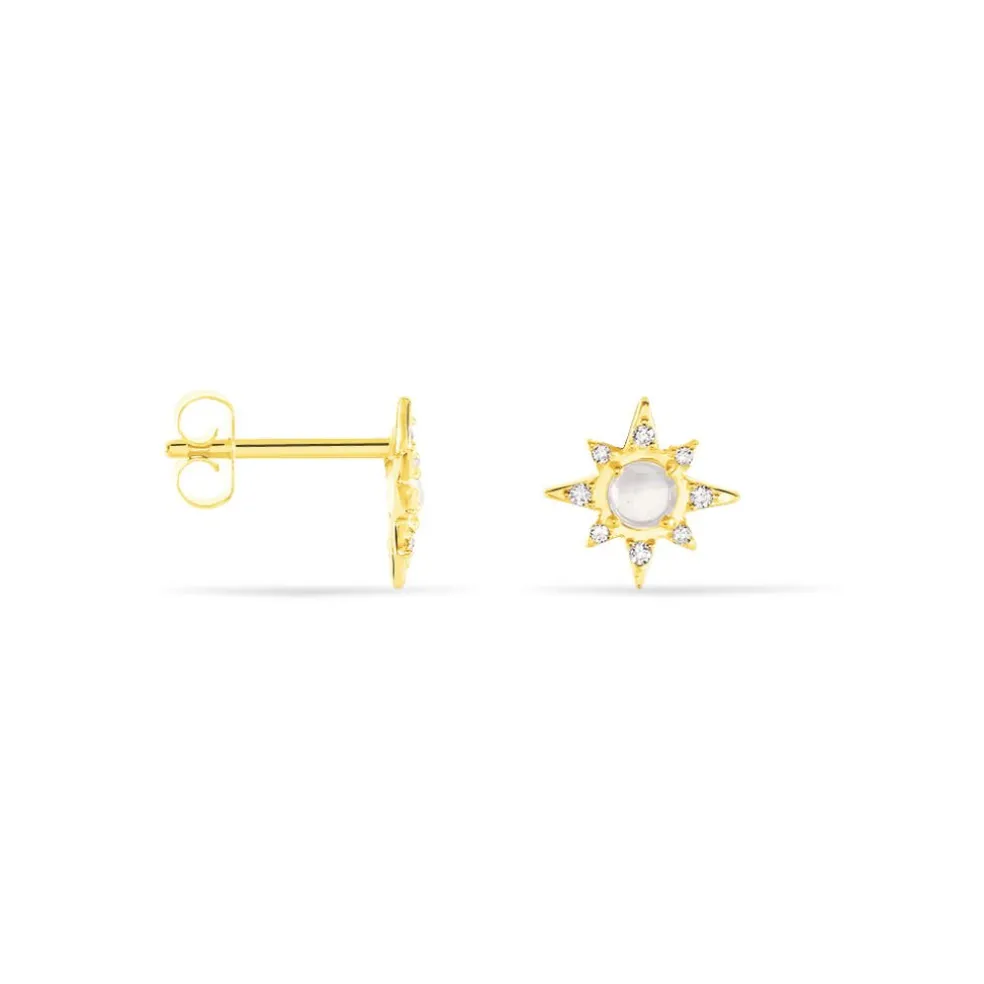 Boucles D'oreilles Puces Terry Or Jaune Calcedoine Et Oxyde