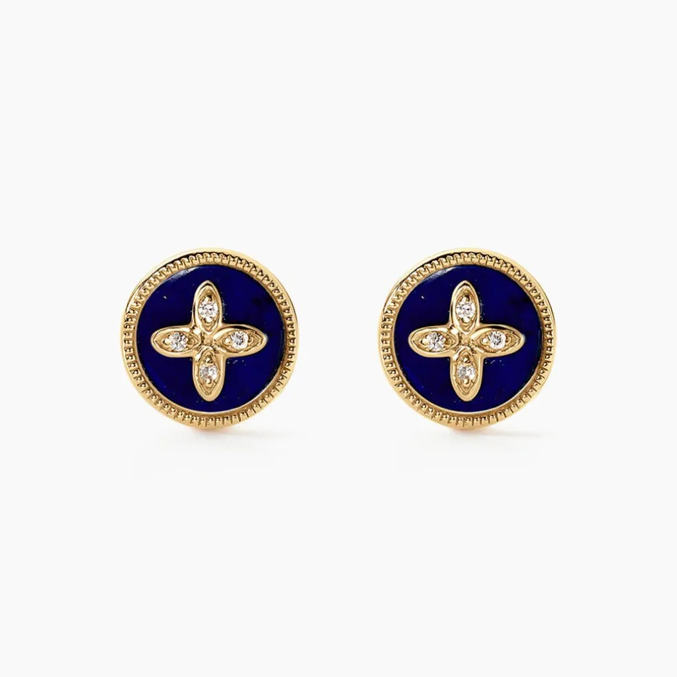 Boucles D'oreilles Puces Talisman Or Jaune Lapis Lazuli Diamant