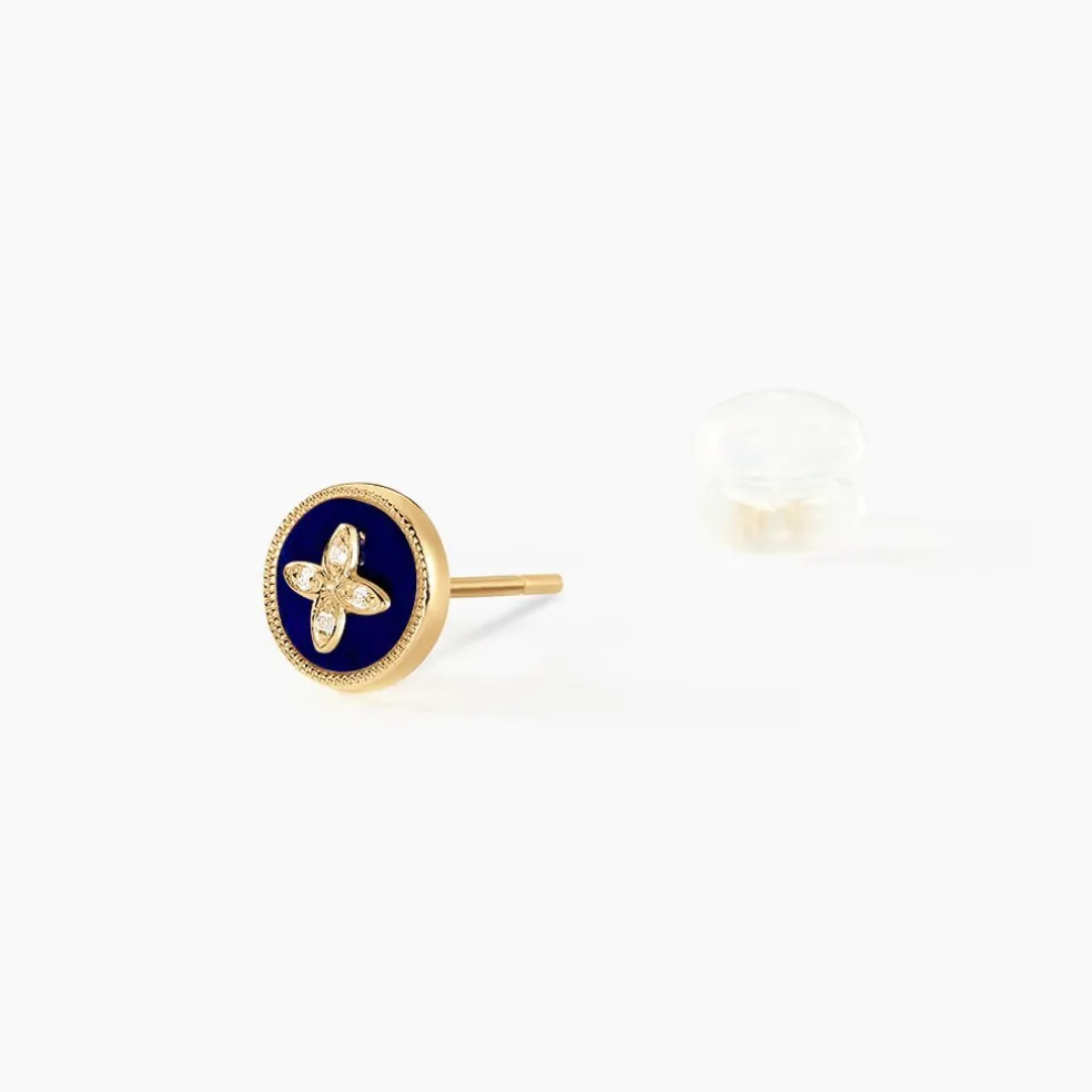 Boucles D'oreilles Puces Talisman Or Jaune Lapis Lazuli Diamant