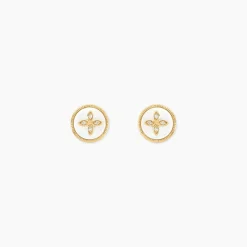 Boucles D'oreilles Puces Talisman Or Jaune Nacre Diamant