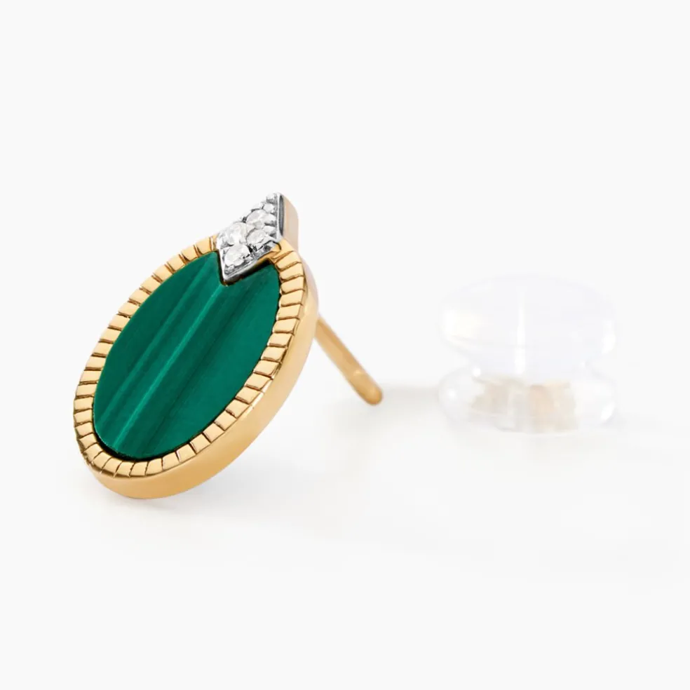 Boucles D'oreilles Puces Tahina Or Jaune Malachite Diamant