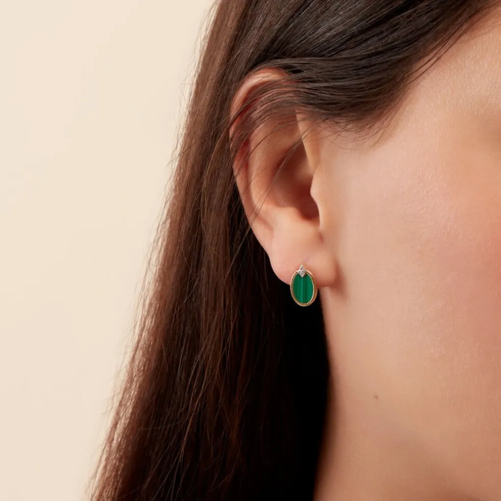 Boucles D'oreilles Puces Tahina Or Jaune Malachite Diamant
