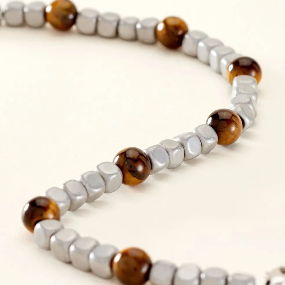 Bracelet Ole Acier Blanc Oeil De Tigre Hématite