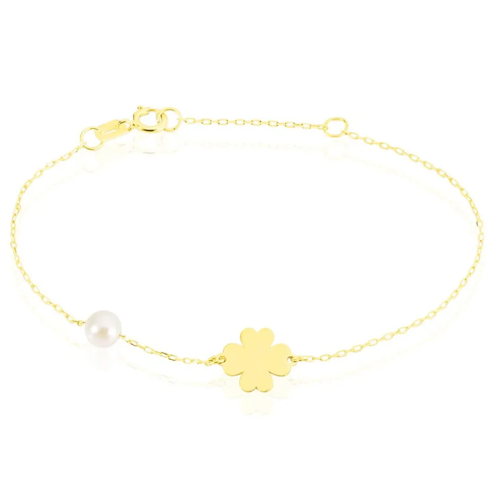Bracelet Trefle Or Jaune Perle De Culture