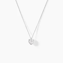 Collier Coeur Serti Clos Or Blanc Oxyde De Zirconium