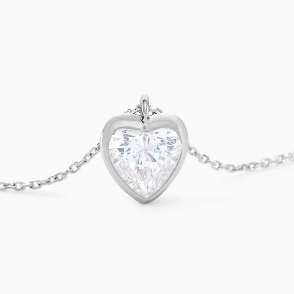 Collier Coeur Serti Clos Or Blanc Oxyde De Zirconium