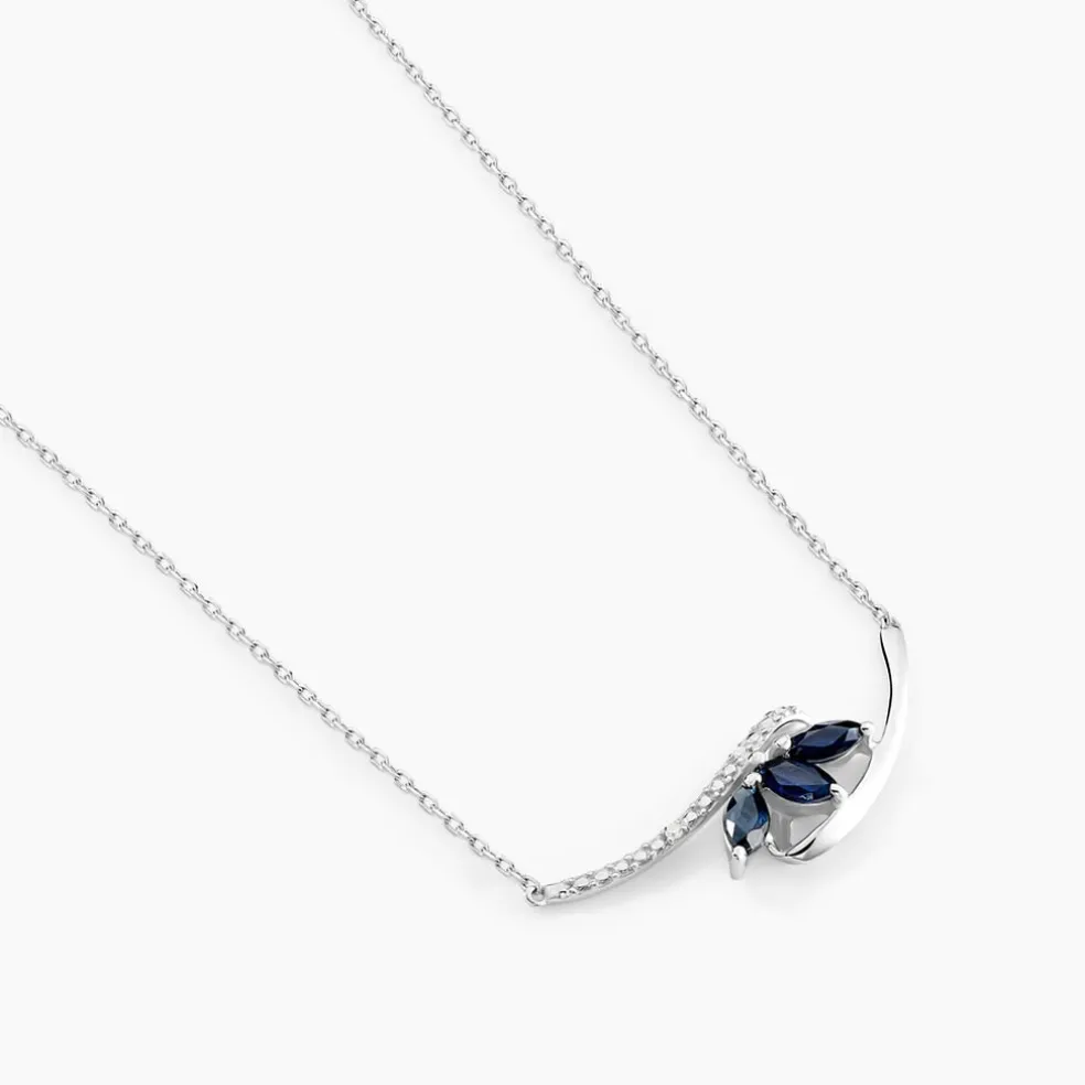 Collier Petale Or Blanc Saphir Et Diamant